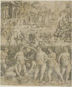 Siete cupidos con dos carneros en un paisaje de Giovanni Antonio da Brescia