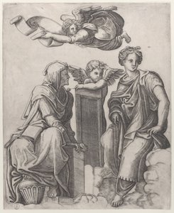 Dos figuras femeninas sentadas en las nubes flanqueando a un ángel y otro volando arriba..., ca. 1510-25 de Giovanni Antonio da Brescia