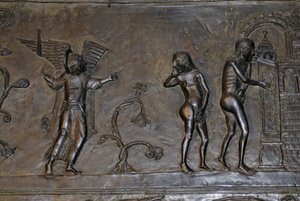 Arte otoniano: Adán y Eva expulsados del Paraíso. Alrededor de 1015. Escultura en una de las puertas de bronce de la Catedral de Santa María en Hildesheim (Alemania). de Phillipe de Marlier