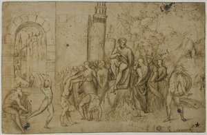 Acróbatas actuando ante una regla (anverso); Escena al aire libre con grupo de figuras (reverso) de Giovanni Antonio da Pordenone