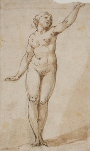 Mujer desnuda de pie levantando su brazo izquierdo