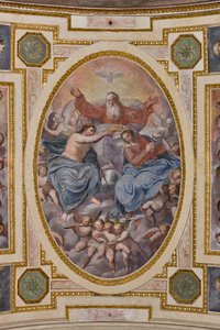 Génova, Duomo (Catedral de San Lorenzo), interior, Capilla Lercari o Capilla del Santísimo Sacramento (ábside norte), bóveda: "Coronación de la Virgen", fresco de Giovanni Battista Castello conocido como Bergamasco