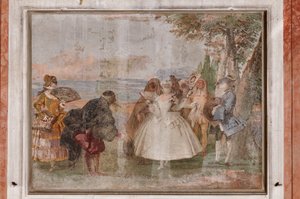 Alojamiento de los invitados, la Sala de las Escenas de Carnaval: "Pantalone y Columbina", una escena con máscaras de Giovanni Battista Tiepolo
