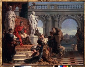 Mecenas presentando las artes a Augusto. Caius Cilnius Mecenas (o Mecene) (circa 70 BC-8 BC) político romano que dedicó su fortuna e influencia a la promoción de las artes y las letras entre