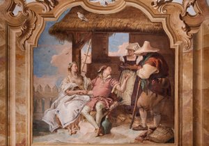 Palazzina (Edificio pequeño): segunda sala o habitación de Ariosto con frescos que representan episodios de "Orlando Furioso": "Angélica y Medoro en la casa de los pastores" de Giovanni Battista Tiepolo