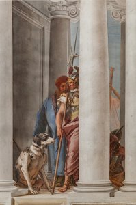 Palazzina (edificio pequeño), el vestíbulo de entrada: "La flota griega en Aulide", detalle que representa un perro y un soldado de Giovanni Battista Tiepolo