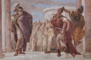 Palazzina (edificio pequeño): vista de la primera sala y de sus frescos que representan episodios de la Ilíada: "Atenea impide que Aquiles saque su espada contra Agamenón", detalle