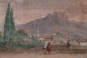 Palazzina (edificio pequeño): vista de la primera sala y de sus frescos que representan episodios de la Ilíada: "Cupido con flechas volando sobre un paisaje veneciano", detalle relativo al paisaje