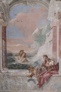 Palazzina (edificio pequeño): vista de la primera sala y de sus frescos que representan episodios de la Ilíada: "Aquiles llorando mientras su madre Tetis emerge del mar para consolarlo"