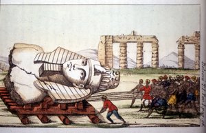 Transporte del busto de Memnón en las orillas del Nilo por Belzoni. Giovanni Battista (Gianbattista) Belzoni (1778-1823), explorador y arqueólogo italiano, hizo importantes descubrimientos arqueológicos en Egipto. Grabado en "Viaggio in Egitto e" de Giovanni Battista (after) Belzoni