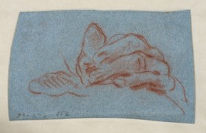 Estudio de una mano izquierda, c.1750-1754 (tiza roja con calco sobre papel verjurado azul) de Giovanni Battista (attr. to) Tiepolo