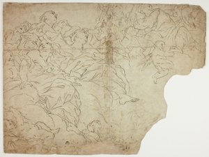 Santos o figuras alegóricas y Putti sobre las nubes