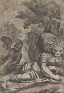 Un león sobre un jinete caído a la derecha, con dos soldados a la izquierda de Giovanni Battista Bonacina