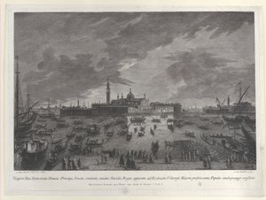 Vista nocturna de la procesión en Nochebuena del Dux y el Senado Veneciano a San G..., 1763 de Giovanni Battista Brostoloni