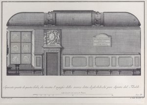 Placa 4: sección transversal del Salón del Instituto de Bolonia, con la entrada a la r..., 1756 de Giovanni Battista Brostoloni