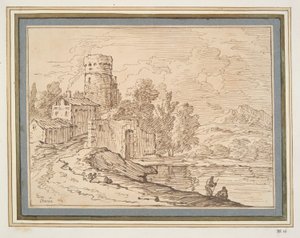 paisaje con castillo cerca del agua de Giovanni Battista Busiri