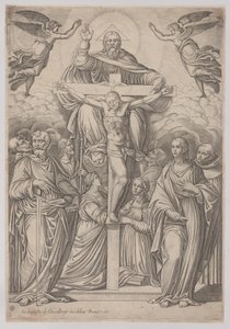 La Trinidad, con la crucifixión en el centro y santos a ambos lados, 1586 de Giovanni Battista Cavalieri