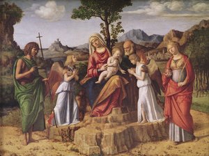 Santa Conversación (La Sagrada Familia rodeada de ángeles, Santa Lucía y San Juan Bautista), deteniéndose antes de la huida a Egipto