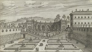 Otra vista en perspectiva del teatro y jardín contiguo de Mondragone en Frascati, 1691 o después de Giovanni Battista Falda