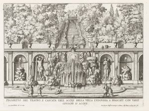 Cascade en Teatro delle Acque in de tuinen van de Villa Torlonia te Frascati Perspectiva del teatro y cascada de la Villa Ludovisia (...) (título sobre objeto) Fuentes de las villas de Frascati (título de la serie) Fonteinen van Frascati (título de la seri de Giovanni Battista Falda