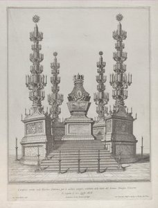 Catafalco para el Papa Clemente X: una estructura central elevada sobre una plataforma de 15 escalones, 1676 de Giovanni Battista Falda