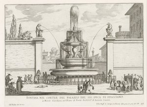 Fontein in de binnenplaats van Palazzo Taverna te Rome Fuente en el patio del Sr. duque de Bracciano (título sobre objeto) Fuentes de Roma (título de la serie) Fonteinen van Rome (título de la serie)