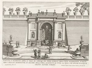 Fontein in de tuinen van de Villa Aldobrandini te Frascati Fuente y elevación sobre la avenida de los cipreses (...) (título sobre objeto) Fuentes de las villas de Frascati (título de la serie) Fonteinen van Frascati (título de la serie) de Giovanni Battista Falda