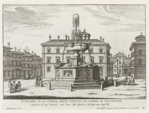 Fontein op Piazza Santa Maria en Trastevere Fuente en la plaza de la Basílica de S. Maria in Trastevere (título sobre objeto) Fuentes de Roma (título de la serie) Fonteinen van Rome (título de la serie) de Giovanni Battista Falda