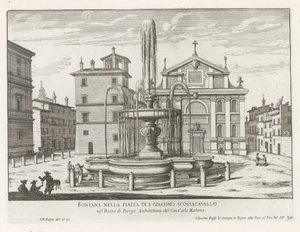Fontein op Piazza Scossacavalli te Roma Fuente en la Piazza di S. Giacomo Scossacavallo (título sobre objeto) Fuentes de Roma (título de la serie) Fonteinen van Rome (título de la serie) de Giovanni Battista Falda