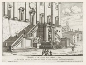 Fuente frente al Palazzo Senatorio en el Capitolio de Roma Fontana su la Piazza del Campidoglio (título sobre objeto) Fontane di Roma (título de la serie) Fuentes de Roma (título de la serie) de Giovanni Battista Falda