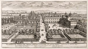 Perspectiva de los jardines de Villa Médicis en Roma, grabado de Li Giardni (Los jardines) de Giovanni Battista Falda (1640 o 1643-1678)