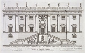 Vista de la fachada del Palazzo Senatorio en Piazza del Campidoglio, Roma, comenzado por Miguel Ángel Buonarroti y completado por Girolamo Rainaldi
