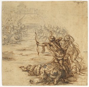 Escena de batalla fuera de una ciudad amurallada, siglo XVII