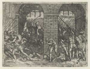 Romeinse soldaten vallen Crustumerium binnen La víctima de Crustumeni (...) privada de su ciudadanía (título sobre objeto) Leven van Romulus en Remus (título de la serie) de Giovanni Battista Fontana