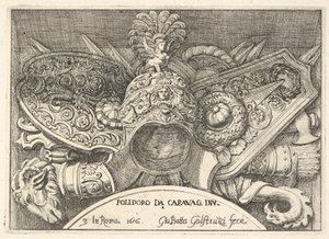 Placa 3: trofeos de armas romanas de decoraciones sobre las ventanas en el segundo piso, 1656