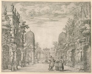 Diseño de escenario para la escena 3, "La Vita Humana overo," de "Il Trionfo della Pieta"