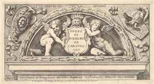 Título de la serie de grabados después de Poloidoro, título en un escudo sostenido por dos putti