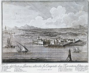 Vista del puerto de Livorno cuando fue comprado por los florentinos en 1421, grabado de la Colección de las mejores vistas de la Ciudad y Puerto de Livorno de Giovanni Battista Guerazzi