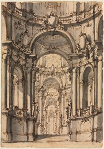 Diseño para un escenario: Interior de un palacio con arcadas, mediados de 1700