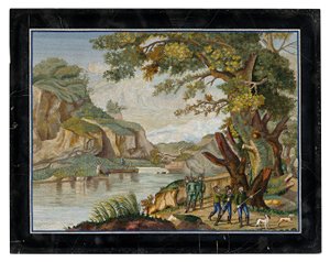 Un cuadro de micromosaico italiano de un grupo de cazadores en un paisaje fluvial de Giovanni Battista Luchini