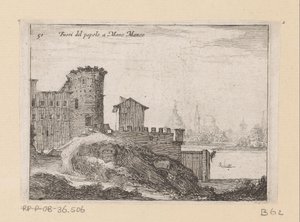 Bouwwerken te Rome, nabij de Porta del Popolo Del pueblo a Mano Manco (título sobre objeto) Gezichten op Rome (título de la serie) Algunas vistas y perspectivas de lugares deshabitados en Roma (título de la serie) de Giovanni Battista Mercati