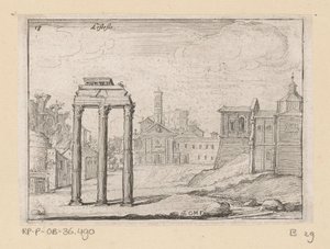 Vista del Foro Romano en Roma Listesso (título sobre objeto) Vistas de Roma (título de la serie) Alcune vedute et prospettive di luoghi dishabitati di Roma (título de la serie) de Giovanni Battista Mercati