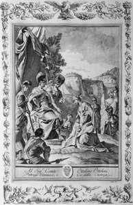 Armida frente a Goffredo, grabado, por Giovanni Battista Piazzetta (1683-1754) para el Canto III de Jerusalén Liberada, por Torquato Tasso (1544-1595), publicado por Giovanni Battista Albrizzi, Venecia, Italia de Giovanni Battista Piazzetta