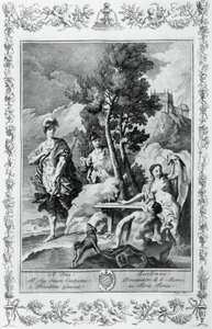 Carlo y Ubaldo en Islas Felices, grabado, por Giovanni Battista Piazzetta (1683-1754) para el Canto XV de Jerusalén Liberada, por Torquato Tasso (1544-1595), edición de Giovanni Battista Albrizzi, Venecia, Italia