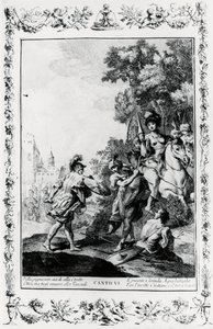 Duelo entre Ottone y Tancredi en presencia de Clorinda, canto VI, Jerusalén liberada de Giovanni Battista Piazzetta