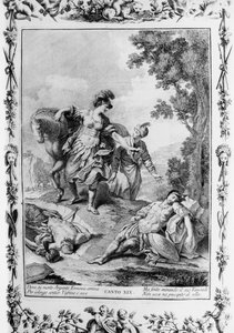 Erminia encontrando a Tancredi herido, canto XIX, Jerusalén liberada de Giovanni Battista Piazzetta
