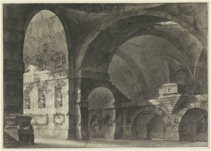 Interior de un gran edificio antiguo con bóvedas de cañón y una estructura de cúpula de Giovanni Battista Piranesi (attributed to)