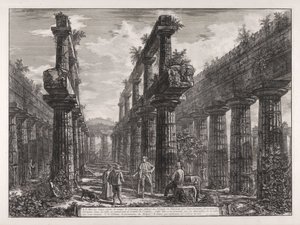 A., B. Vista de los restos de las dos filas de columnas que se hallaban en el Templo de Neptuno, que lateralmente formaban los pórticos de la cella y sostenían la cubierta del edificio ... de Giovanni Battista Piranesi