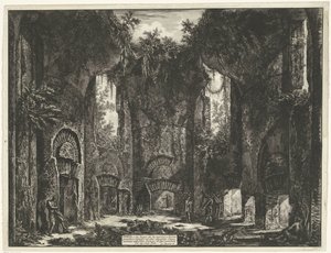 Academie en de Villa Adriana t y Tivoli Dieta, o ambas Lugar que da entrada a varios grandiosos Cubículos, y a otras magníficas Salas, existentes en Villa Adrián (...) (título sobre objeto) Gezichten op Rome (título de la serie) Vistas de Roma dibujadas y  de Giovanni Battista Piranesi