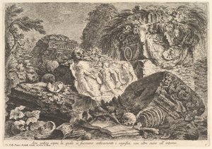 Altar antiguo en el que se realizaban sacrificios en la antigüedad, rodeado de otras ruinas..., ca. 1750